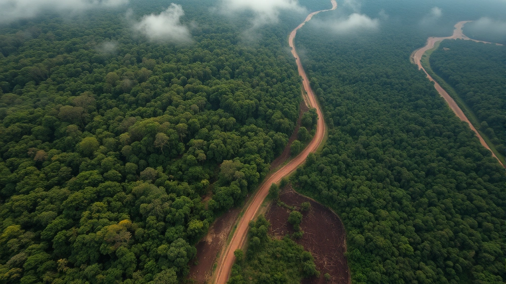 Aerial view of deforestation boundary showing intact rainforest transitioning to cleared land with logging roads, diverse canopy colors contrasting with brown soil, misty morning light, photorealistic, no text or labels