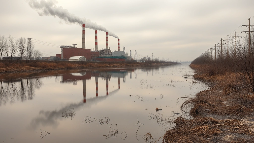 Industrial waterfront with factory smokestacks reflecting in polluted river, dead vegetation on banks, murky water with visible contamination, grey overcast sky, photorealistic nature photography style, no charts or text
