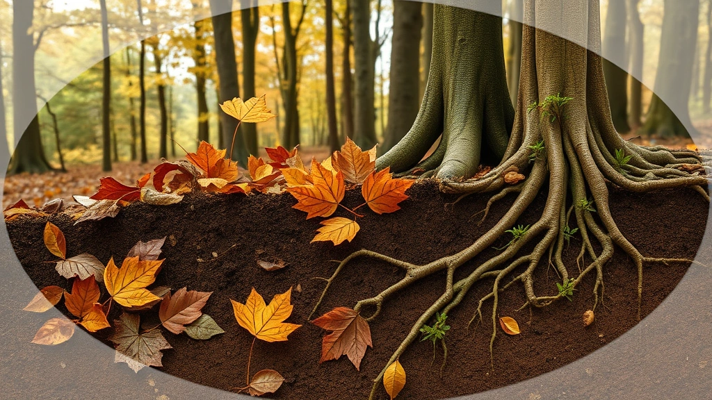Circular economy visualization shown through natural imagery: autumn leaves decomposing on forest floor, mycorrhizal networks in soil, regenerating forest with young saplings, interconnected root systems, earthy tones, photorealistic macro photography, no diagrams or text