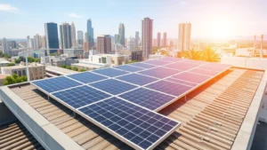 Photorealistic solar panels installed on modern rooftop with cityscape background, bright sunlight reflecting off panels, demonstrating residential renewable energy adoption and urban sustainability infrastructure integration.