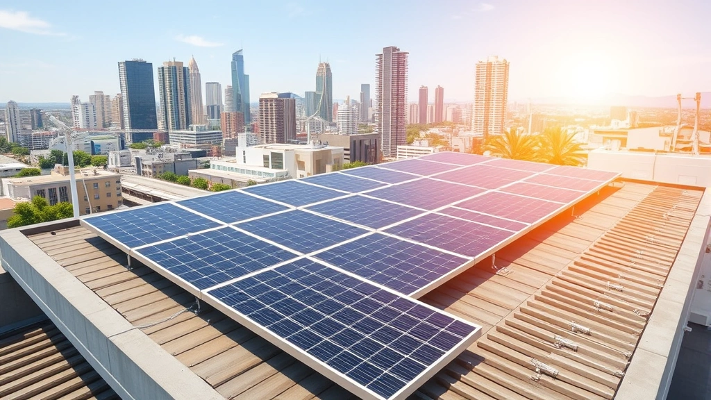 Photorealistic solar panels installed on modern rooftop with cityscape background, bright sunlight reflecting off panels, demonstrating residential renewable energy adoption and urban sustainability infrastructure integration.