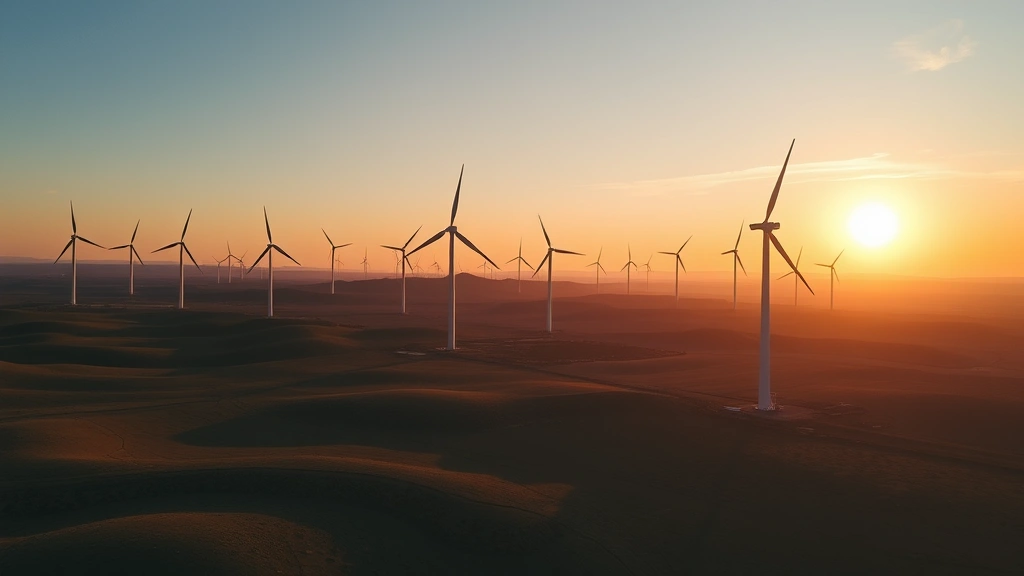 Panoramic view of wind turbines in vast landscape during golden hour, multiple turbines generating clean energy with natural terrain and sky, representing large-scale renewable energy projects and sustainable economic development.