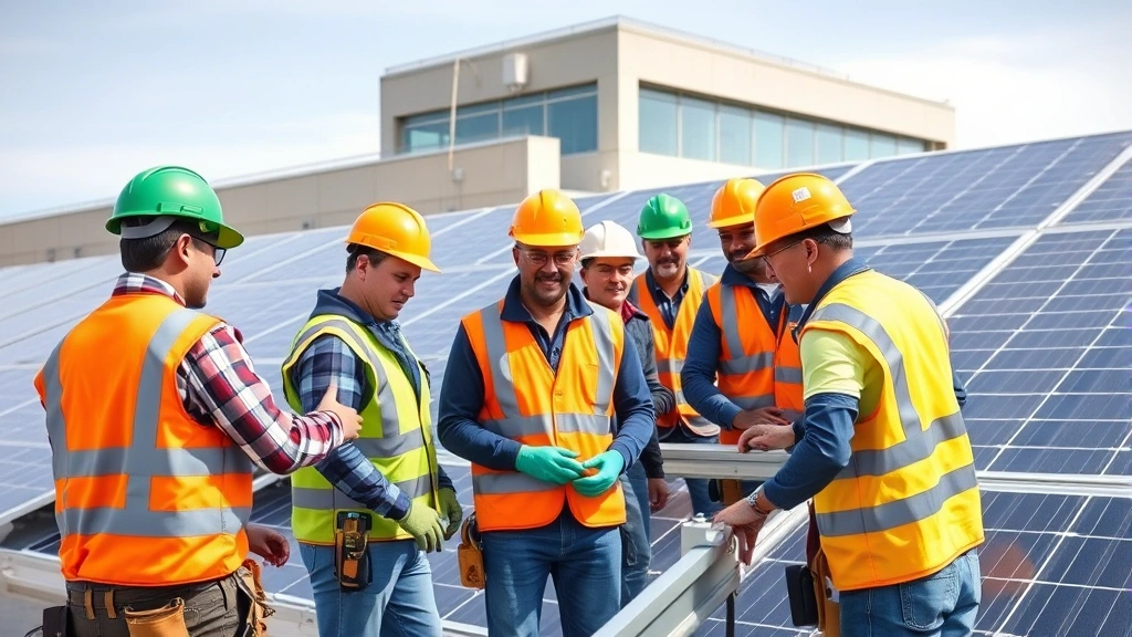 Diverse team of workers in safety gear installing solar equipment on commercial building, showing hands-on green job creation, professional training, and economic opportunity in renewable energy sector employment.