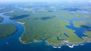 Aerial view of diverse ecosystem landscape with green forests, blue waterways, and coastal wetlands meeting ocean, showing ecosystem health and natural productivity