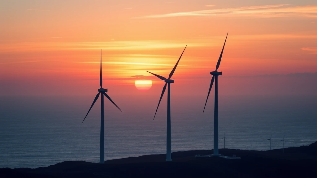Wind turbines standing across coastal landscape at sunset with ocean backdrop, photorealistic image emphasizing scale and clean energy production in natural environment