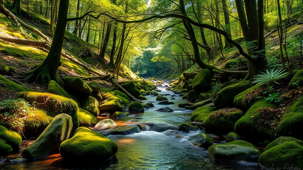 Lush temperate forest with clear stream flowing through moss-covered rocks, sunlight filtering through canopy, diverse vegetation visible, no text or labels, photorealistic
