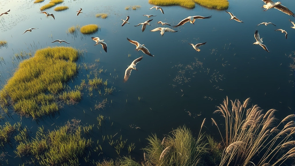 Aerial view of wetland ecosystem with water, cattails, and migratory birds in flight, natural landscape composition, no text or charts, photorealistic nature photography
