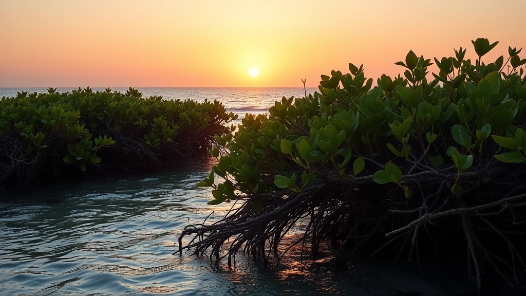Coastal mangrove forest meeting ocean waters at sunset, roots visible in shallow water, rich biodiversity habitat visible, warm natural lighting, no text overlay, photorealistic