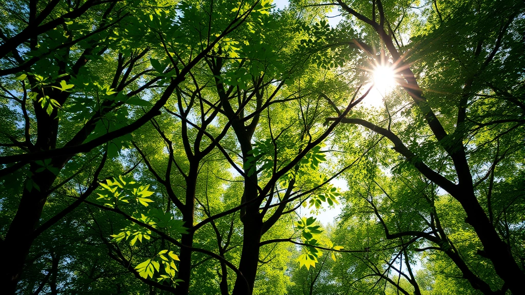 Lush forest canopy with diverse tree species and morning sunlight filtering through leaves, vibrant green ecosystem showing biodiversity and carbon sequestration in action, photorealistic nature photography
