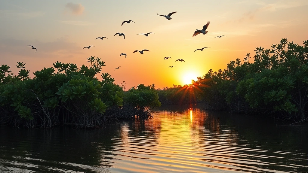 Coastal mangrove forest at sunset reflecting in calm water, birds flying overhead, demonstrating ecosystem services and natural protection against storms, photorealistic environmental landscape