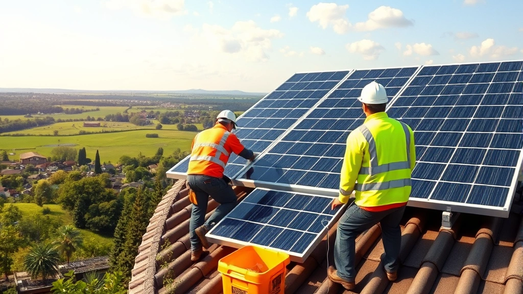 Workers installing solar panels on rooftop with green landscape below, showing renewable energy job creation and natural capital investment, photorealistic clean energy transition scene