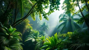 Lush tropical rainforest canopy with diverse vegetation layers, sunlight filtering through leaves, misty understory, vibrant green ecosystem in full biodiversity