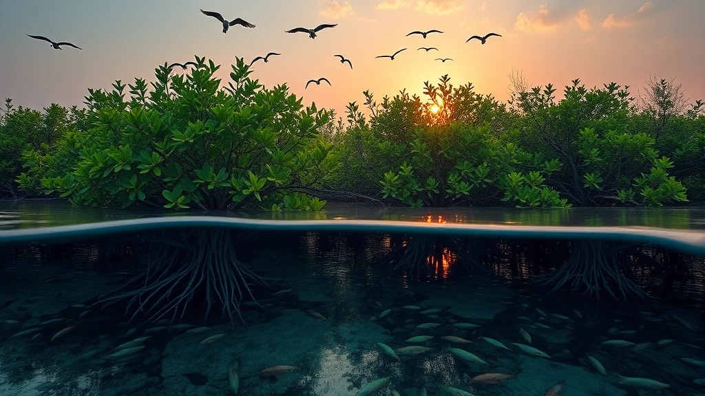 Mangrove forest coastal ecosystem with root systems visible in shallow water, birds flying overhead, abundant marine life visible below water surface, sunset lighting