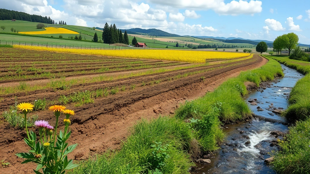 Agricultural landscape showing pollinator bees on wildflowers near crop fields, healthy soil with visible microorganisms and earthworms, water streams flowing through restored riparian zone