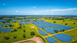 Aerial view of renewable energy solar panel farm sprawling across green landscape with scattered trees and blue sky, photorealistic natural lighting showing sustainable infrastructure integration