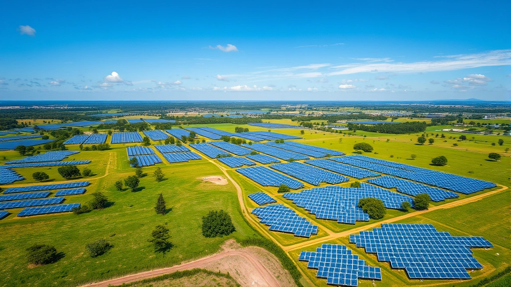 Aerial view of renewable energy solar panel farm sprawling across green landscape with scattered trees and blue sky, photorealistic natural lighting showing sustainable infrastructure integration