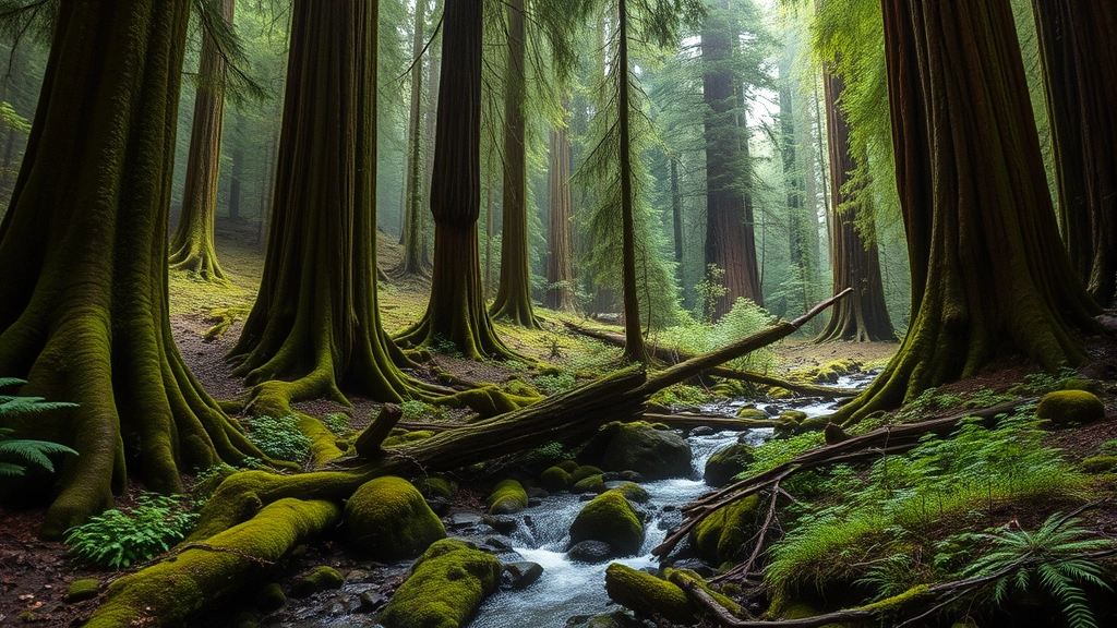 Pristine temperate rainforest with towering ancient trees, moss-covered forest floor, flowing stream, and diverse undergrowth demonstrating ecosystem complexity and natural capital value