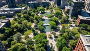 Aerial view of sprawling urban city park with green trees, walking paths, and water features integrated between modern buildings, sunny day, natural light, people enjoying outdoor spaces
