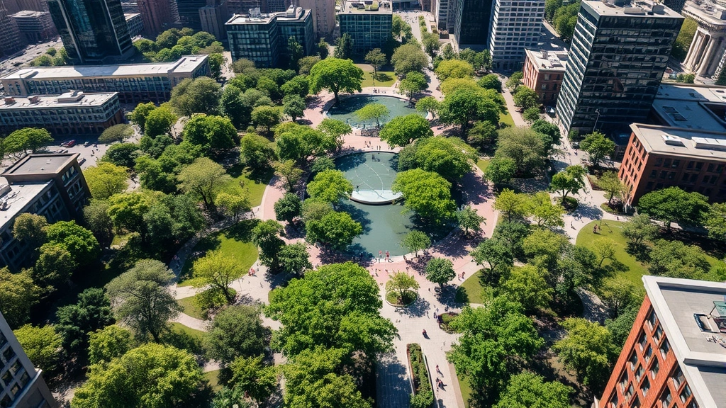 Aerial view of sprawling urban city park with green trees, walking paths, and water features integrated between modern buildings, sunny day, natural light, people enjoying outdoor spaces