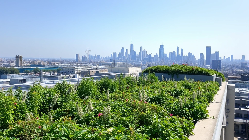 Rooftop garden with extensive vegetation covering building surface overlooking cityscape, green plants and flowers thriving, urban skyline in background, clear sky