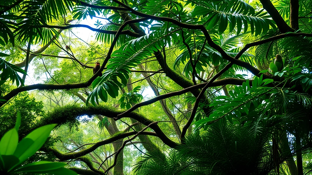 Diverse tropical rainforest canopy with multiple vegetation layers, sunlight filtering through leaves, various bird species visible among branches, vibrant green foliage creating natural complexity