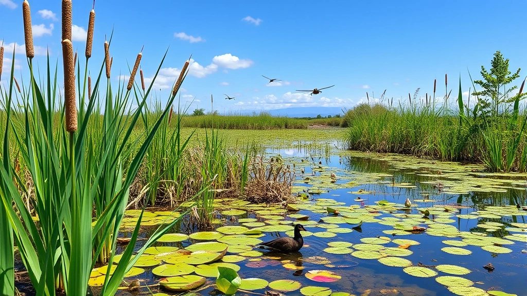 Restored wetland landscape with native cattails, water lilies, dragonflies, and waterfowl, clear shallow water reflecting sky, diverse plant species creating natural habitat mosaic