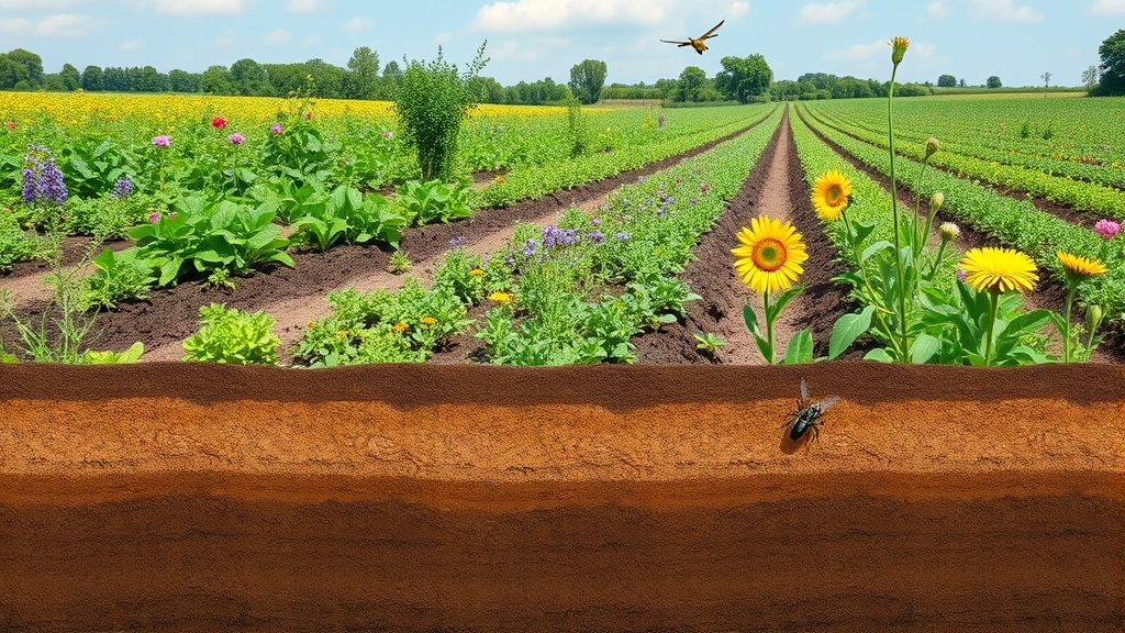 Biodiverse agricultural field showing companion planting with multiple crop species, flowering plants attracting pollinators, healthy soil visible in cross-section, natural pest control evident with beneficial insects present
