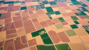 Aerial view of agricultural fields showing patchwork of drought-affected brown crops and green irrigated areas, demonstrating climate impact on farming productivity and water resources