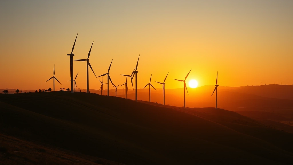 Industrial wind turbines on hillside landscape at sunset with golden light, representing renewable energy transition and economic opportunities in clean technology sector