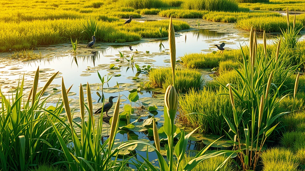 Lush green wetland landscape with water reflecting sky, diverse native plants and birds, pristine natural water filtration ecosystem, golden hour light, photorealistic nature photography