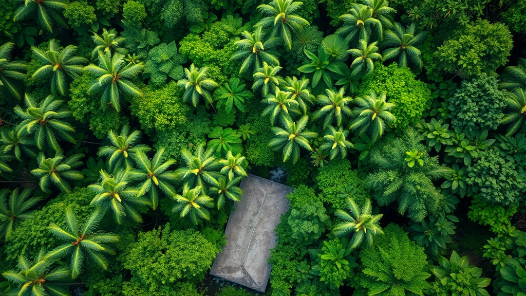 Dense tropical forest canopy from above showing biodiversity, rich green foliage with natural water features, ecosystem services in action, vibrant natural colors, photorealistic aerial perspective