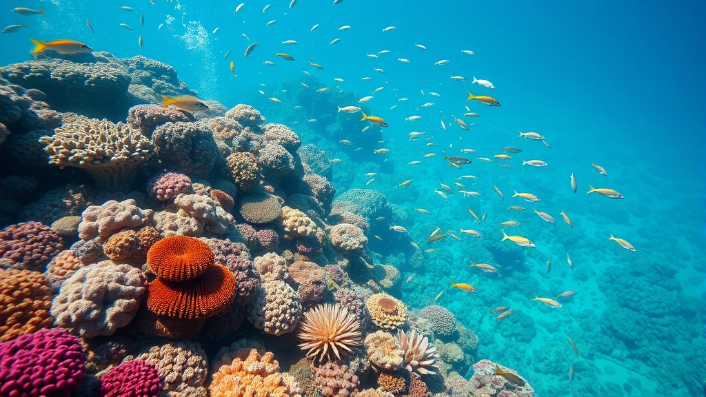Coral reef ecosystem with colorful marine life and healthy corals, crystal clear turquoise water, diverse fish species swimming, natural ocean tourism destination, photorealistic underwater photography