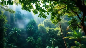 Lush tropical rainforest canopy with diverse vegetation, mist rising from forest floor, sunlight filtering through leaves, vibrant green ecosystem supporting biodiversity and carbon storage