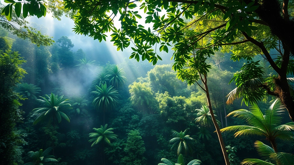Lush tropical rainforest canopy with diverse vegetation, mist rising from forest floor, sunlight filtering through leaves, vibrant green ecosystem supporting biodiversity and carbon storage