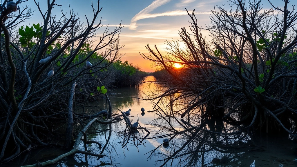 Coastal mangrove forest with intricate root systems visible in shallow water, birds nesting in branches, sunset lighting, healthy wetland ecosystem providing fish habitat and storm protection