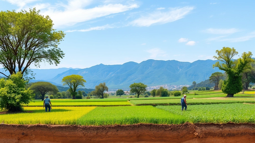 Diverse agricultural landscape with integrated agroforestry showing trees among crops, healthy soil visible in cross-section, farmers working sustainably, mountains in background under blue sky