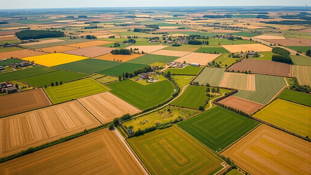 Aerial view of diverse agricultural landscape with patchwork fields of different crops, green pastures, and scattered farmhouses under clear sky, photorealistic, natural lighting, showing rural productivity and land use patterns