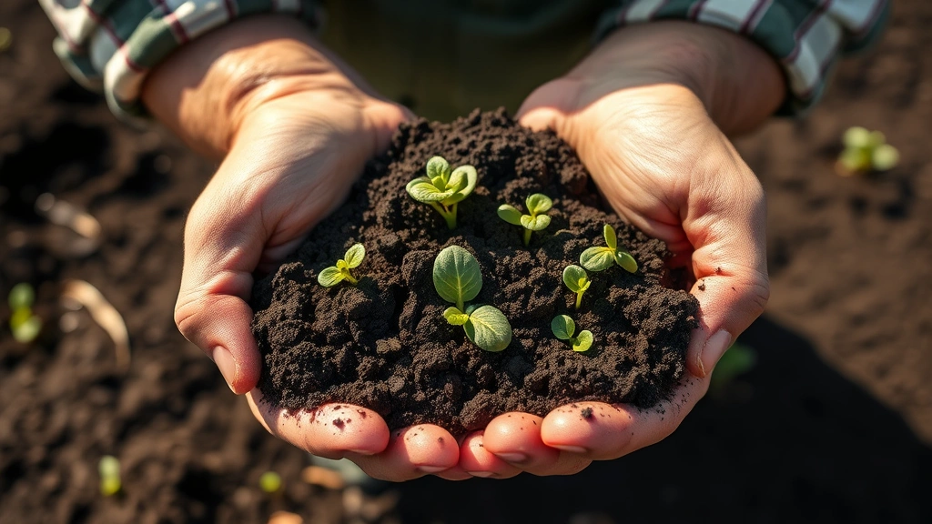 Close-up of farmer's hands holding rich dark soil with green seedlings, sunlight filtering through, demonstrating soil health and agricultural stewardship in rural setting, photorealistic natural photography