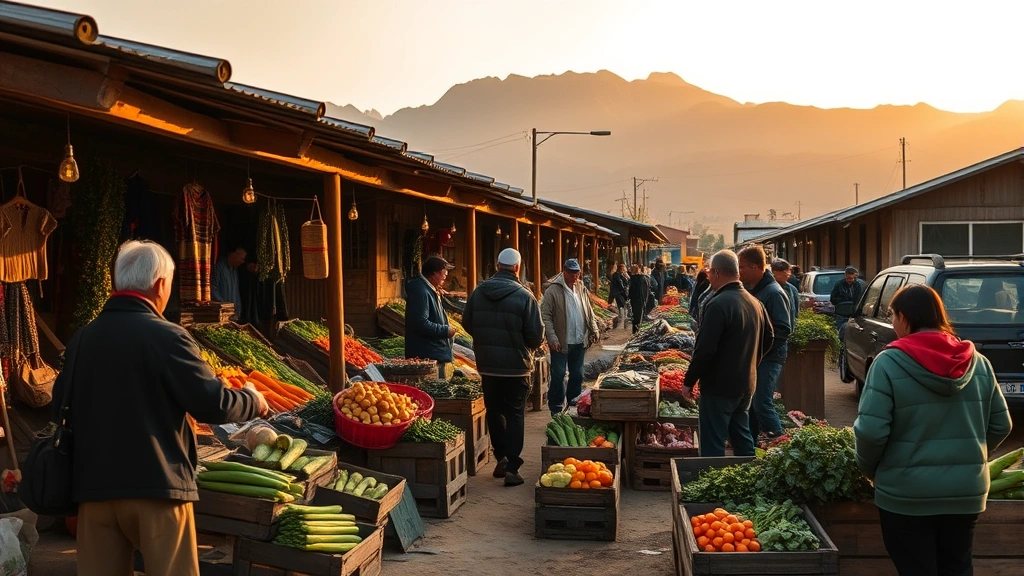 Rural village market scene with farmers selling fresh produce at wooden stalls, diverse community members shopping, mountains in background, golden hour lighting, showing rural commerce and food systems integration