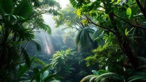 Lush tropical rainforest canopy with diverse green vegetation, morning mist between trees, sunlight filtering through leaves, rich biodiversity visible, no text or labels