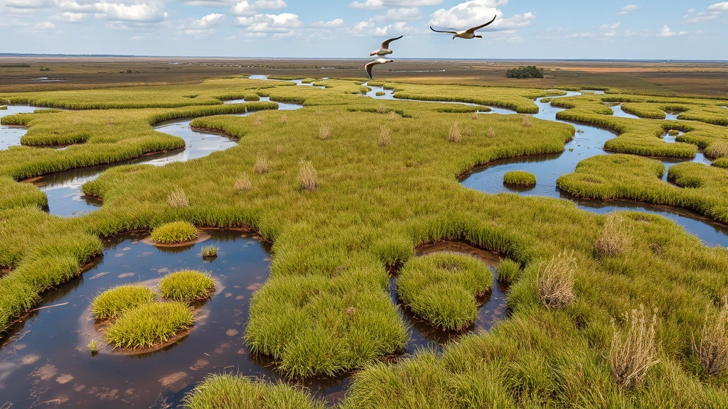 Aerial view of healthy wetland ecosystem with water channels, native vegetation, birds in flight, natural landscape patterns, vibrant ecosystem health indicators, no text