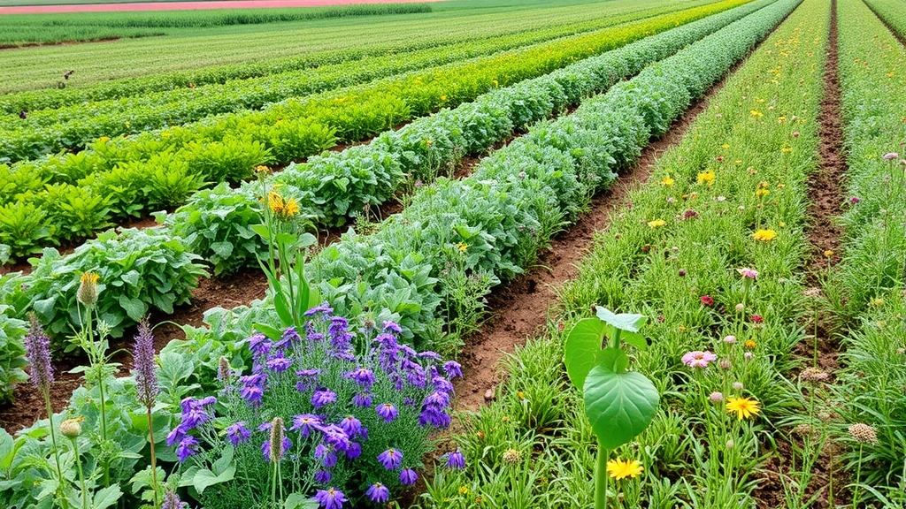 Thriving agricultural field with diverse crops and wildflower borders, bees and beneficial insects visible, healthy soil appearance, sustainable farming landscape, no charts or text