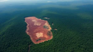 Aerial view of a large-scale deforestation zone with cleared land patches surrounded by dense forest canopy, showing the stark contrast between pristine ecosystem and human extraction, earthy tones and green hues, photorealistic landscape photography