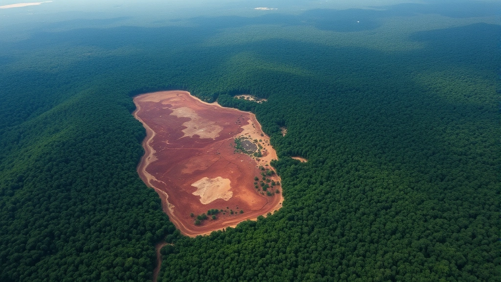 Aerial view of a large-scale deforestation zone with cleared land patches surrounded by dense forest canopy, showing the stark contrast between pristine ecosystem and human extraction, earthy tones and green hues, photorealistic landscape photography