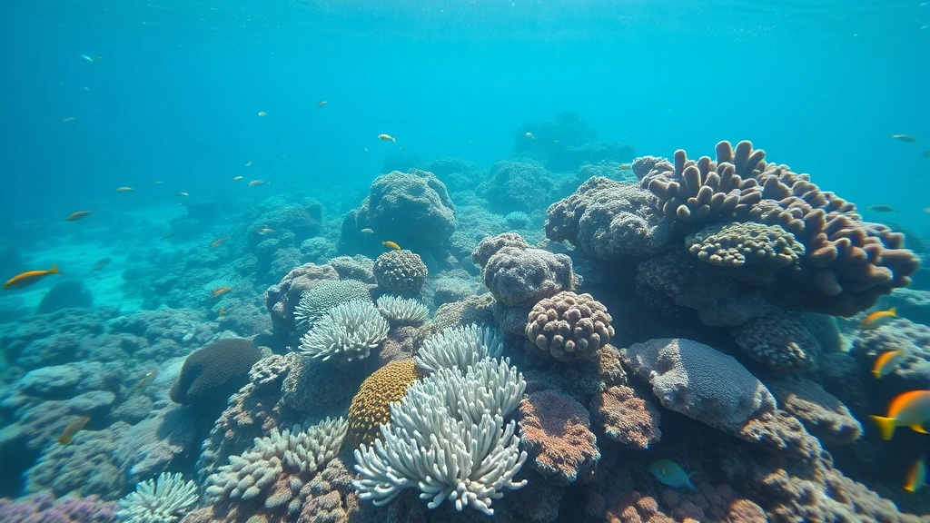 Underwater coral reef system showing both healthy vibrant corals and bleached white corals in the same frame, demonstrating climate change impacts, crystal clear water with diverse fish species, tropical ocean ecosystem