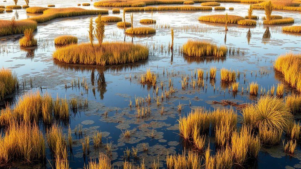 Vast wetland or marshland ecosystem with water reflections, diverse native plants and wildlife habitat, showing ecological restoration and recovery, golden hour lighting, natural wilderness beauty, photorealistic nature photography