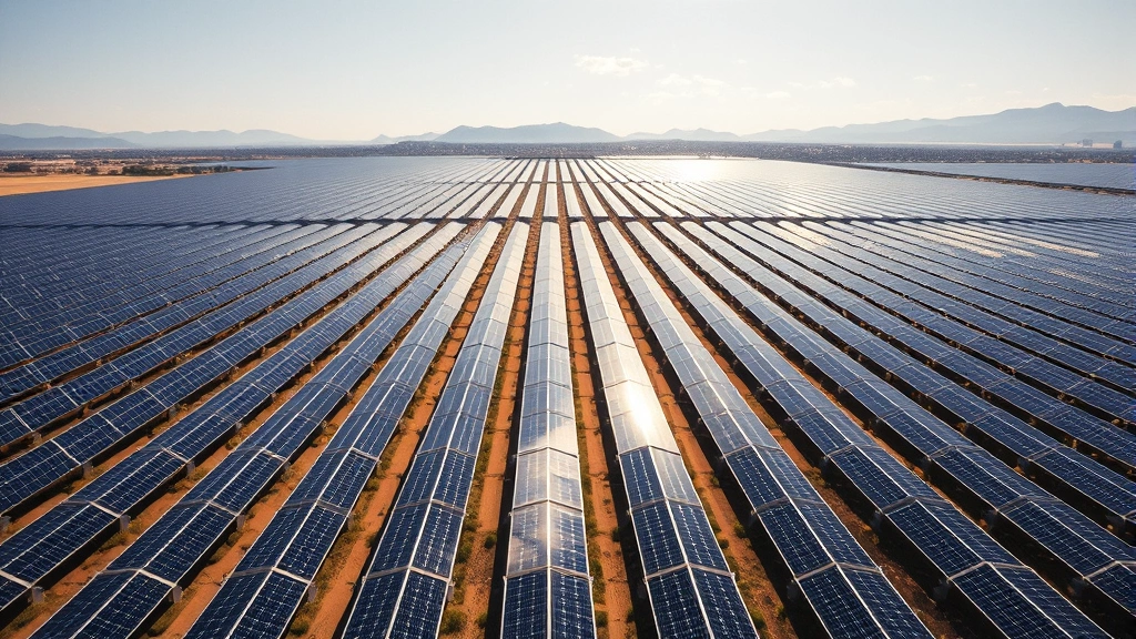 Aerial view of large-scale solar panel farm with thousands of photovoltaic panels arranged in perfect rows under bright sunlight, mountains visible in distant background, photorealistic