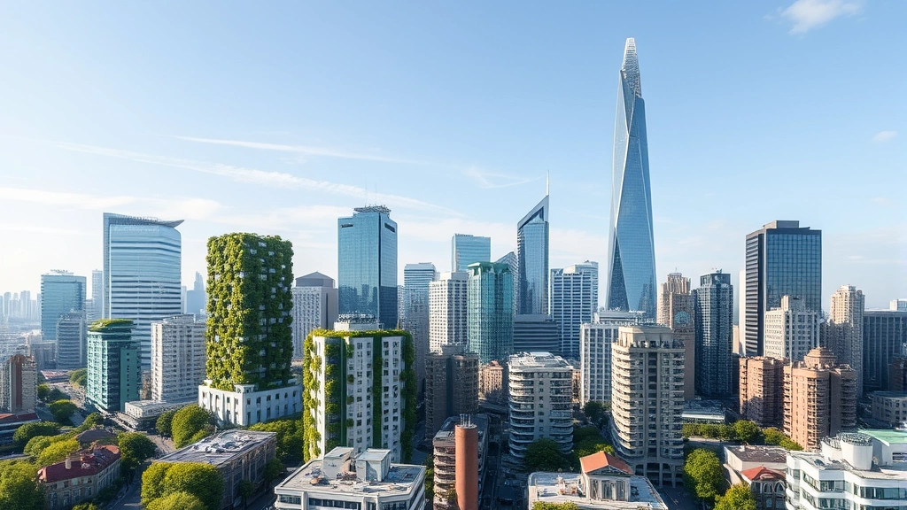 Modern city skyline with mix of green buildings featuring living walls and solar panels alongside traditional structures, sustainable urban development visible, photorealistic
