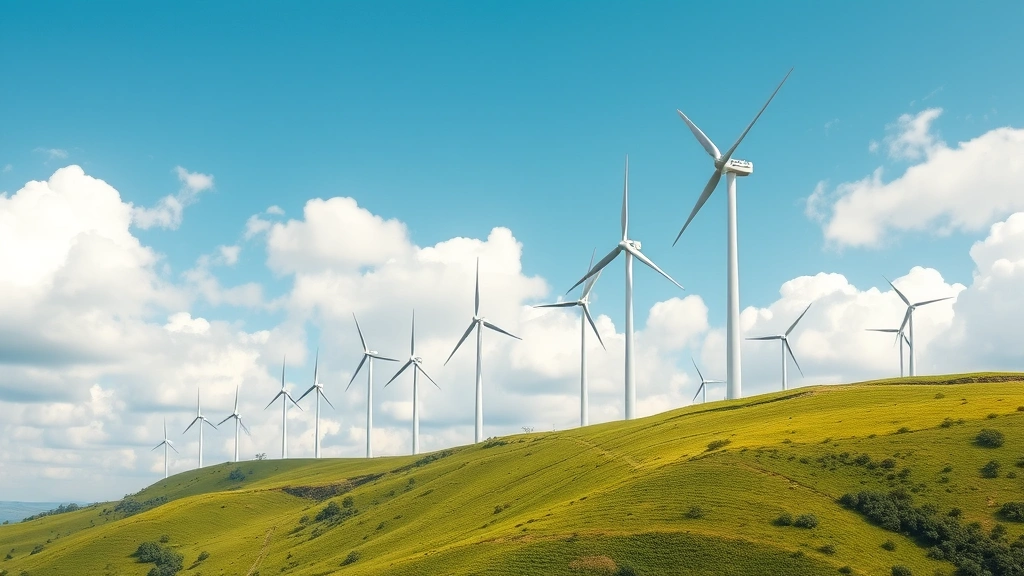 Wind turbines on hillside landscape with lush green terrain, multiple turbines generating renewable energy against blue sky with white clouds, photorealistic
