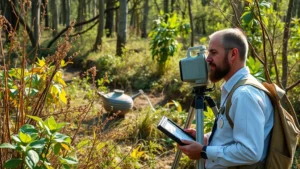 Environmental scientist conducting field assessment in diverse ecosystem with measurement instruments and biodiversity monitoring equipment, natural lighting, photorealistic